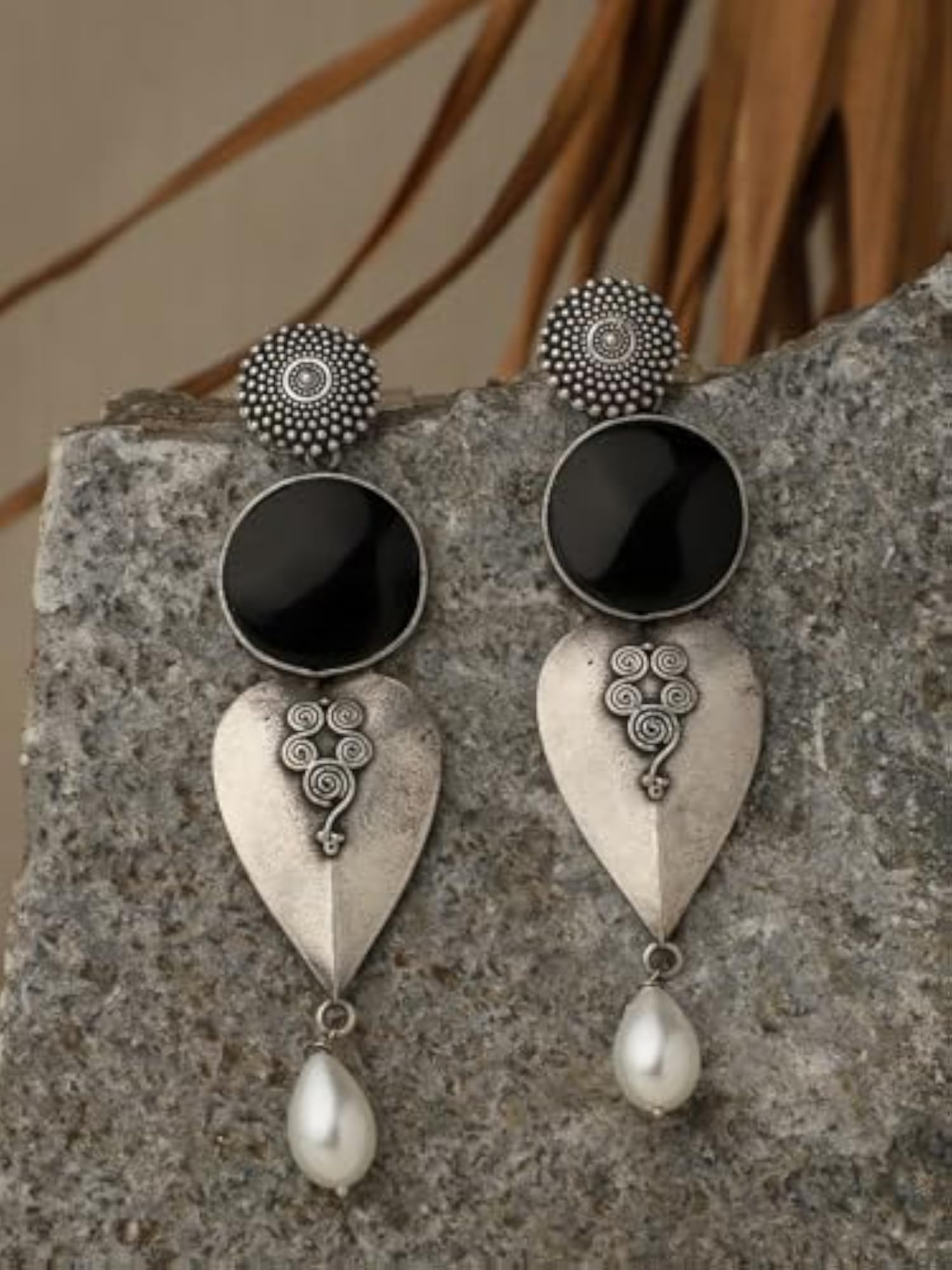 92.5 Silver Plated Oxidised Long Earrings in Black